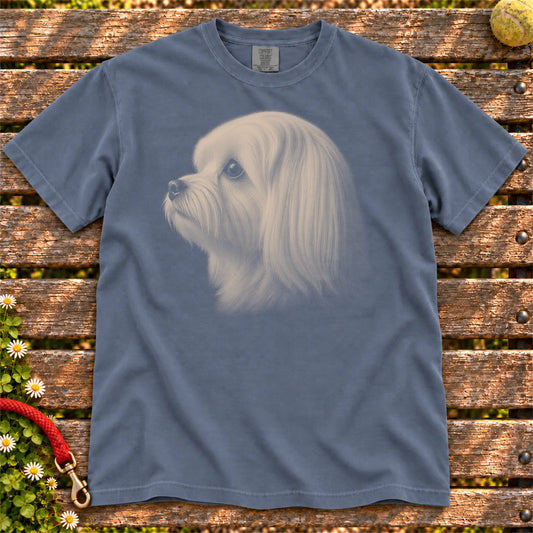 Maltese Photo design on a Denim Comfort Colors T-shirt, shown flat