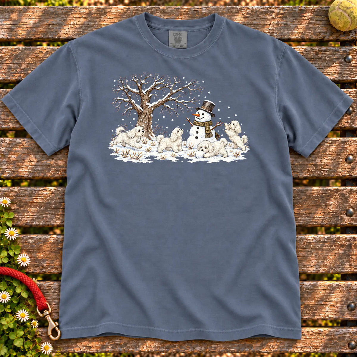 Maltese puppies playing in snow with a snowman on a Denim T-shirt