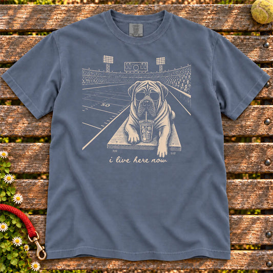 Mastiff Iced Coffee Football design on a Denim Comfort Colors T-shirt, shown flat