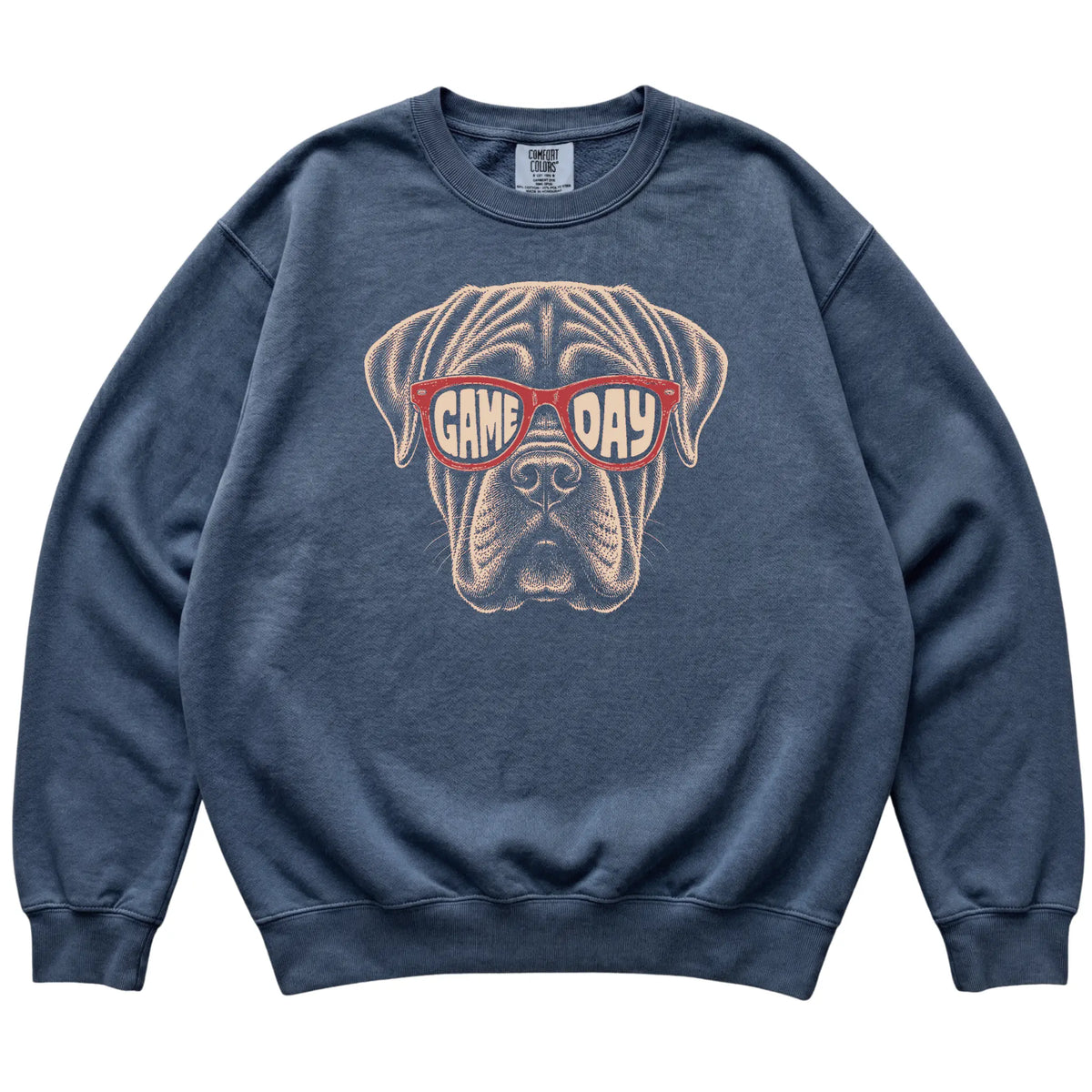 Denim Mastiff Game Day Sunglasses sweatshirt, laid flat