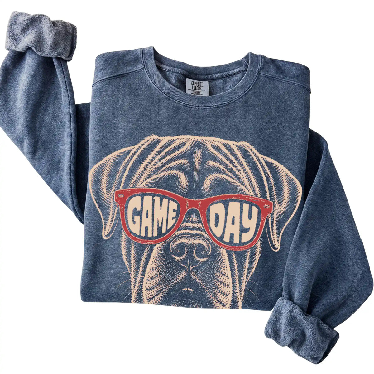 Denim Mastiff Game Day Sunglasses sweatshirt, folded