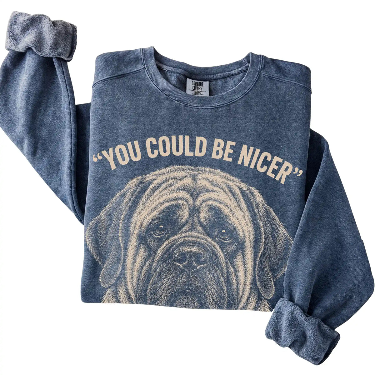 Close view of the Mastiff Guard Dog sweatshirt in Denim