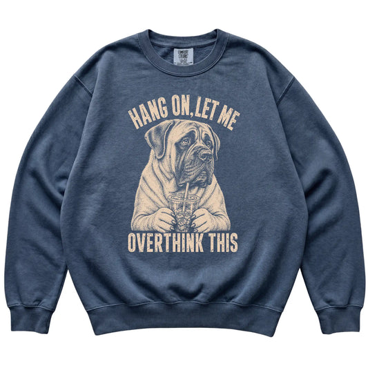 Denim Comfort Colors sweatshirt featuring Mastiff Iced Coffee Overthink, laid-flat presentation