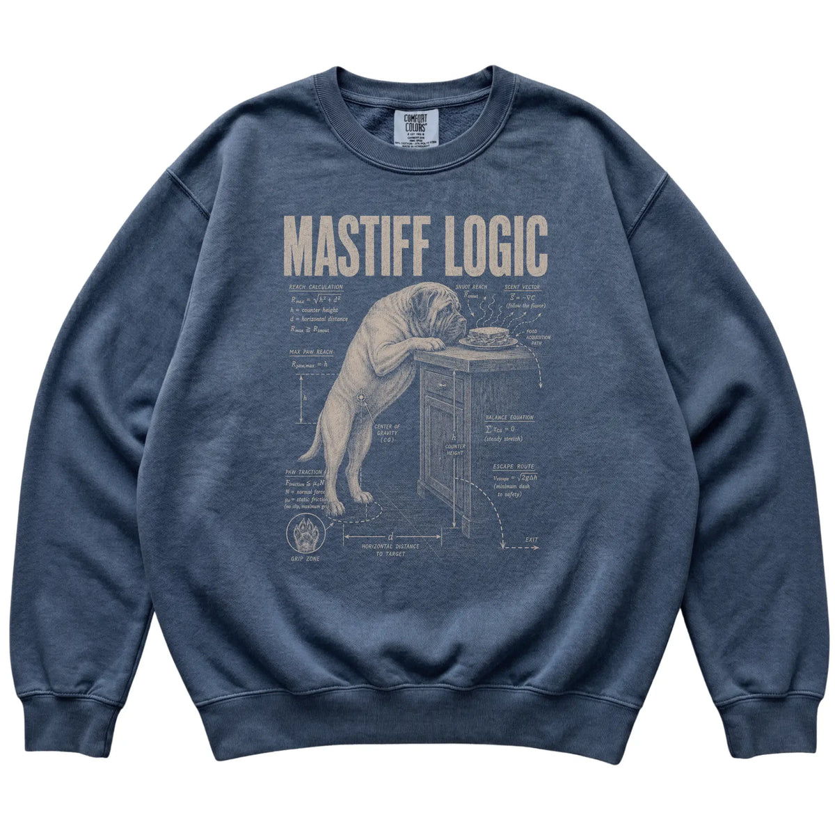 Denim Mastiff Logic sweatshirt laid flat