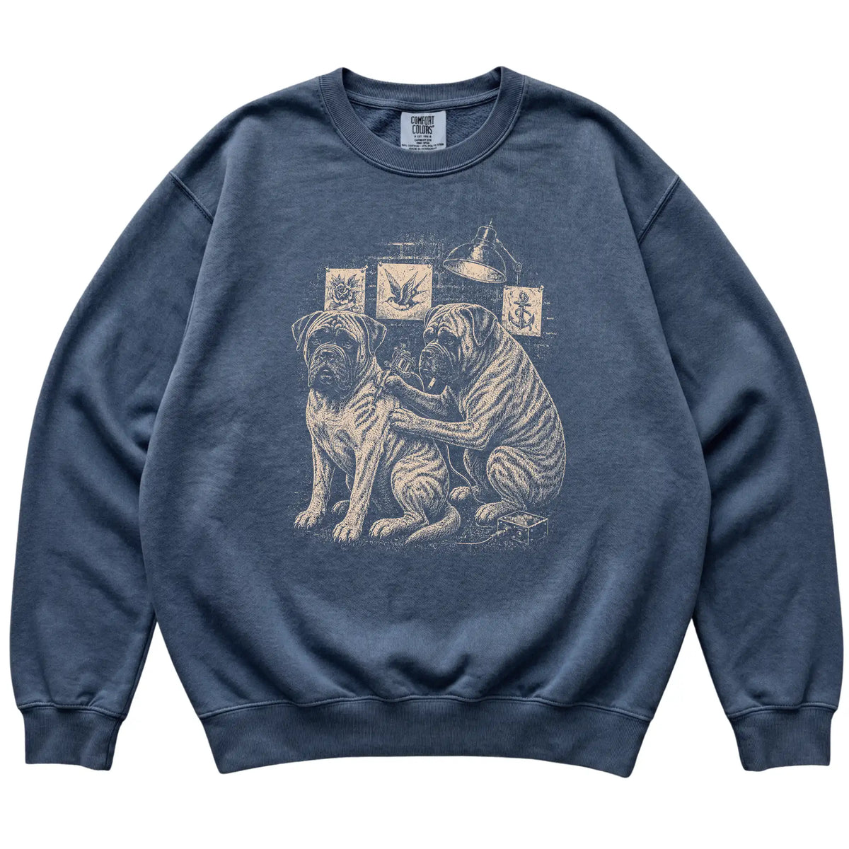 Denim Mastiff Dog Tattoo Artist shirt laid flat
