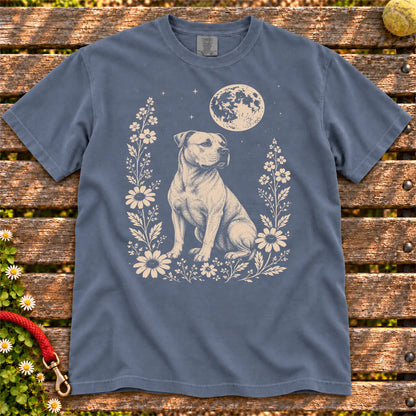 Moon Flowers American Bulldog design on a Denim Comfort Colors T-shirt, shown flat