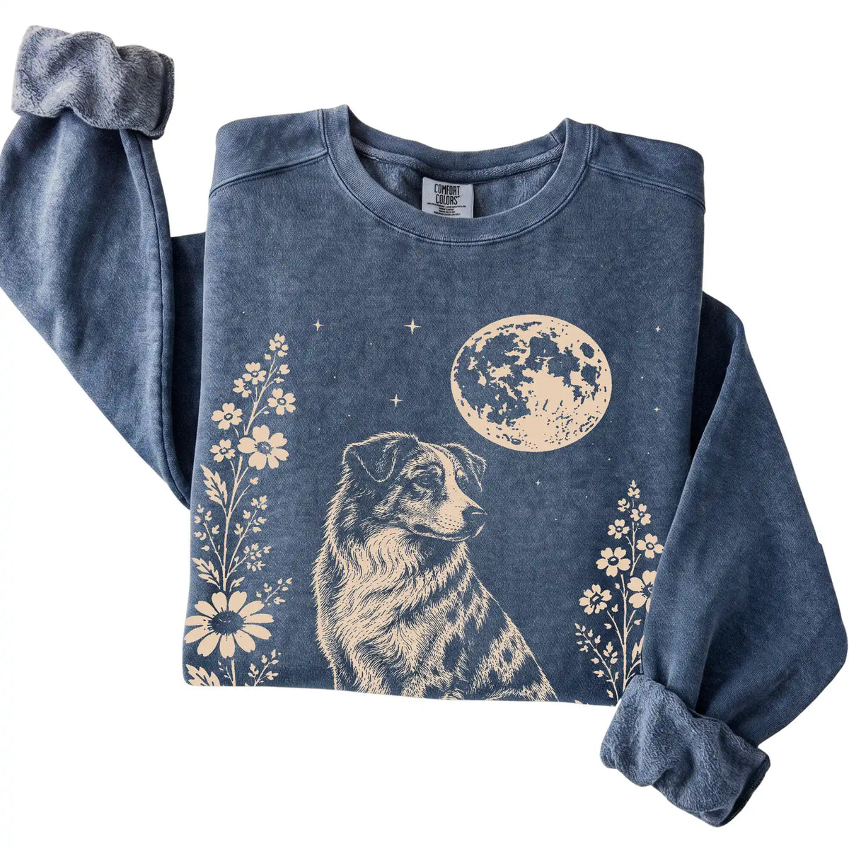 Denim Moon Flowers Australian Shepherd Comfort Colors sweatshirt, folded view