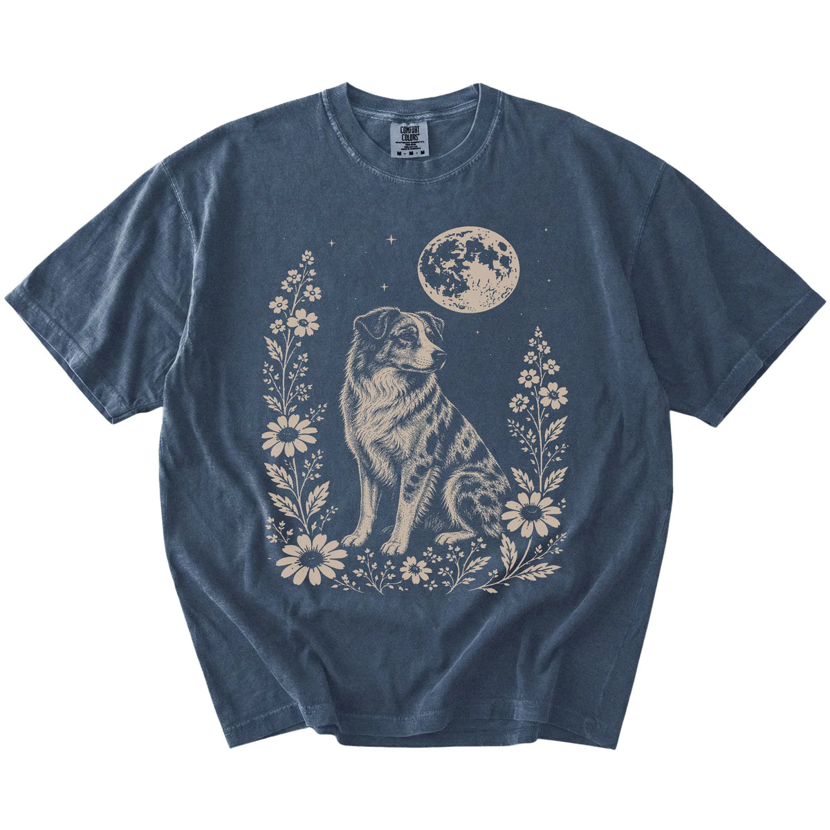 Australian Shepherd framed by flowers beneath the moon on a Denim Comfort Colors® T-shirt