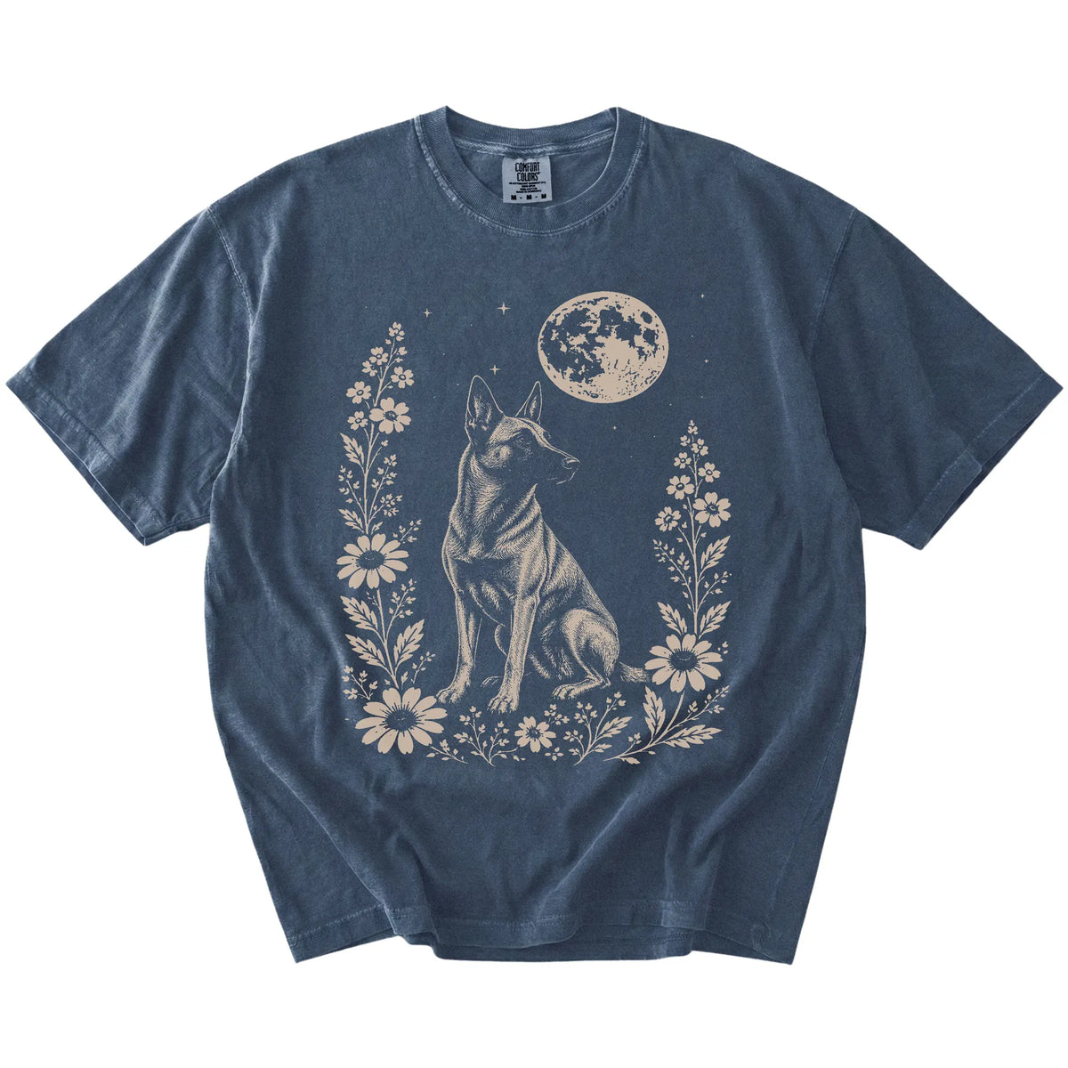 Belgian Malinois framed by flowers beneath the moon on a Denim Comfort Colors® T-shirt