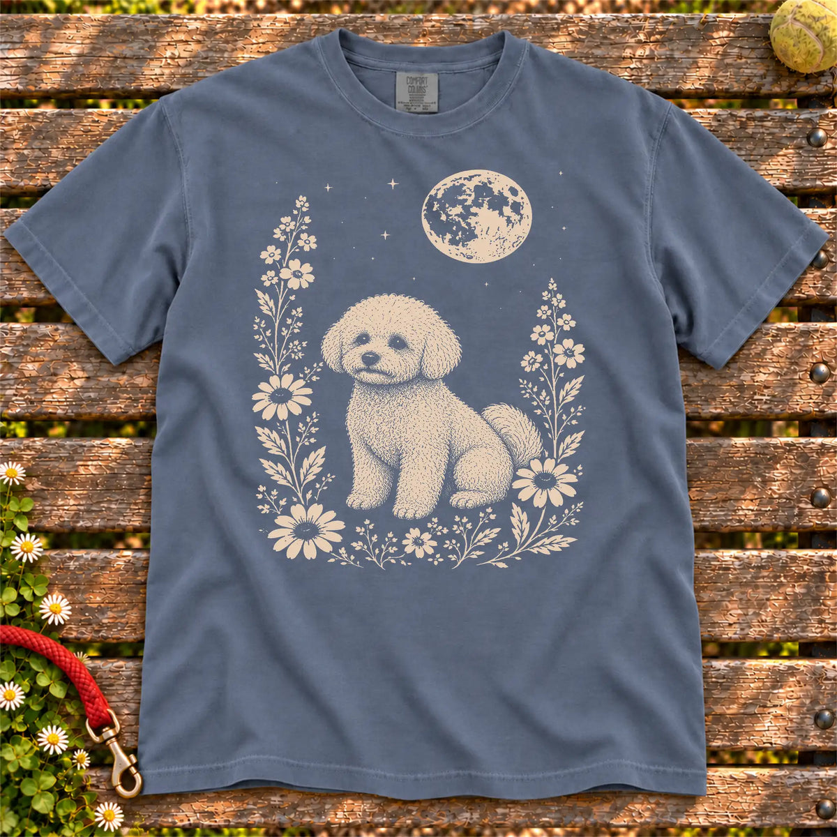 Moon Flowers Bichon Frise design on a Denim Comfort Colors T-shirt, shown flat