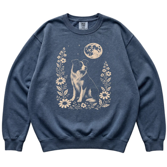 Denim Moon Flowers Border Collie Comfort Colors sweatshirt, flat view