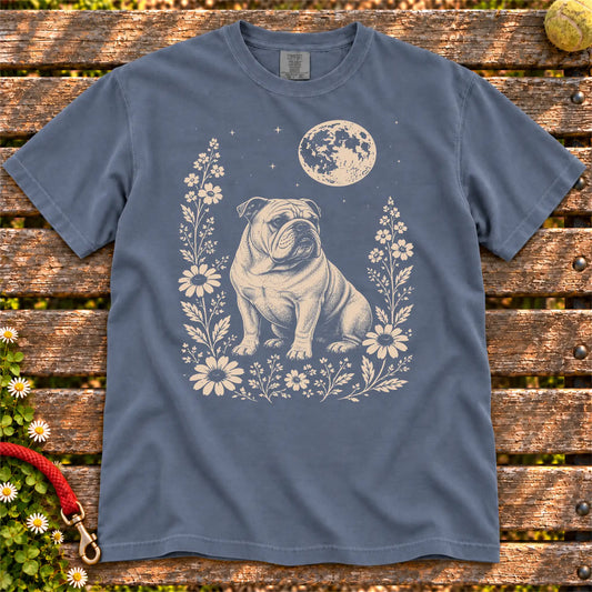 Moon Flowers Bulldog design on a Denim Comfort Colors T-shirt, shown flat