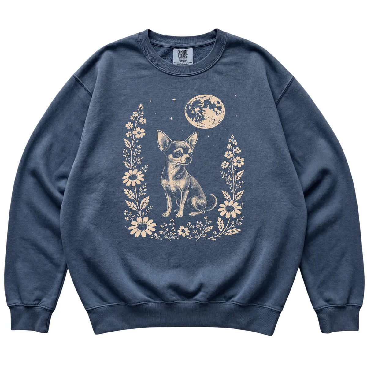 Denim Moon Flowers Chihuahua Comfort Colors sweatshirt, flat view