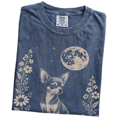 Folded Denim Comfort Colors® T-shirt showing Chihuahua framed by flowers beneath the moon