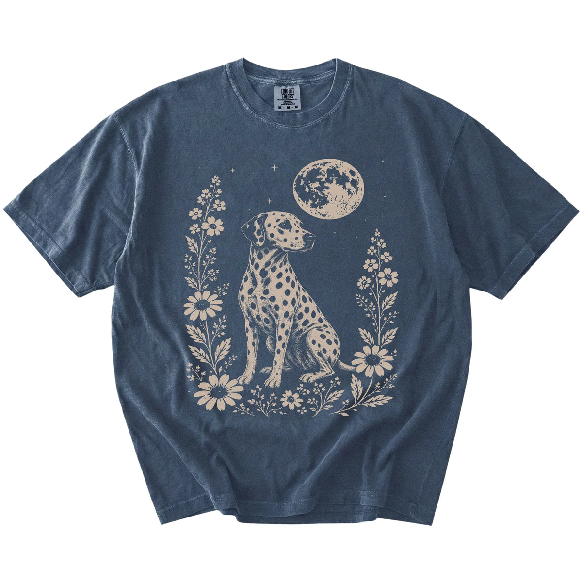 Dalmatian framed by flowers beneath the moon on a Denim Comfort Colors® T-shirt