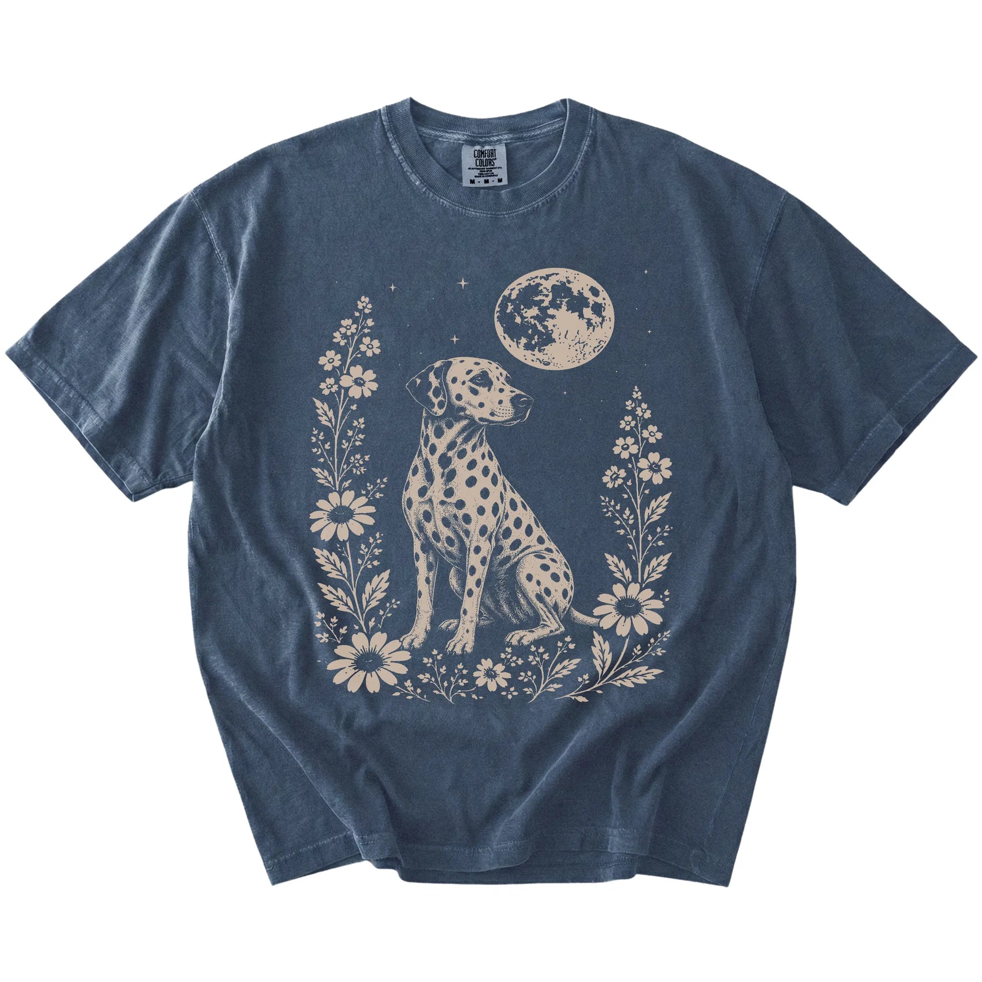 Dalmatian framed by flowers beneath the moon on a Denim Comfort Colors® T-shirt