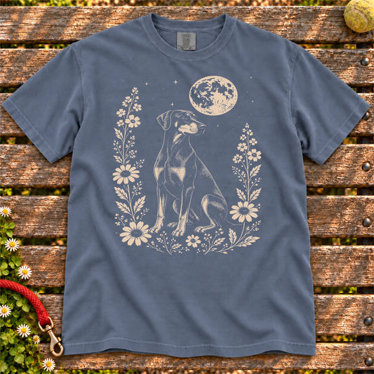 Moon Flowers Doberman design on a Denim Comfort Colors T-shirt, shown flat