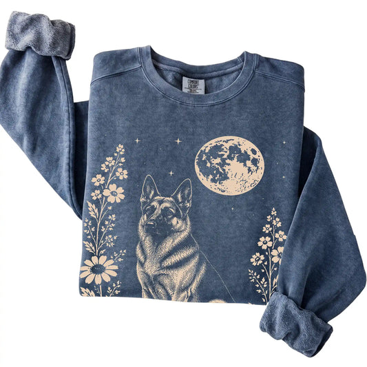Denim Moon Flowers German Shepherd Comfort Colors sweatshirt, folded view