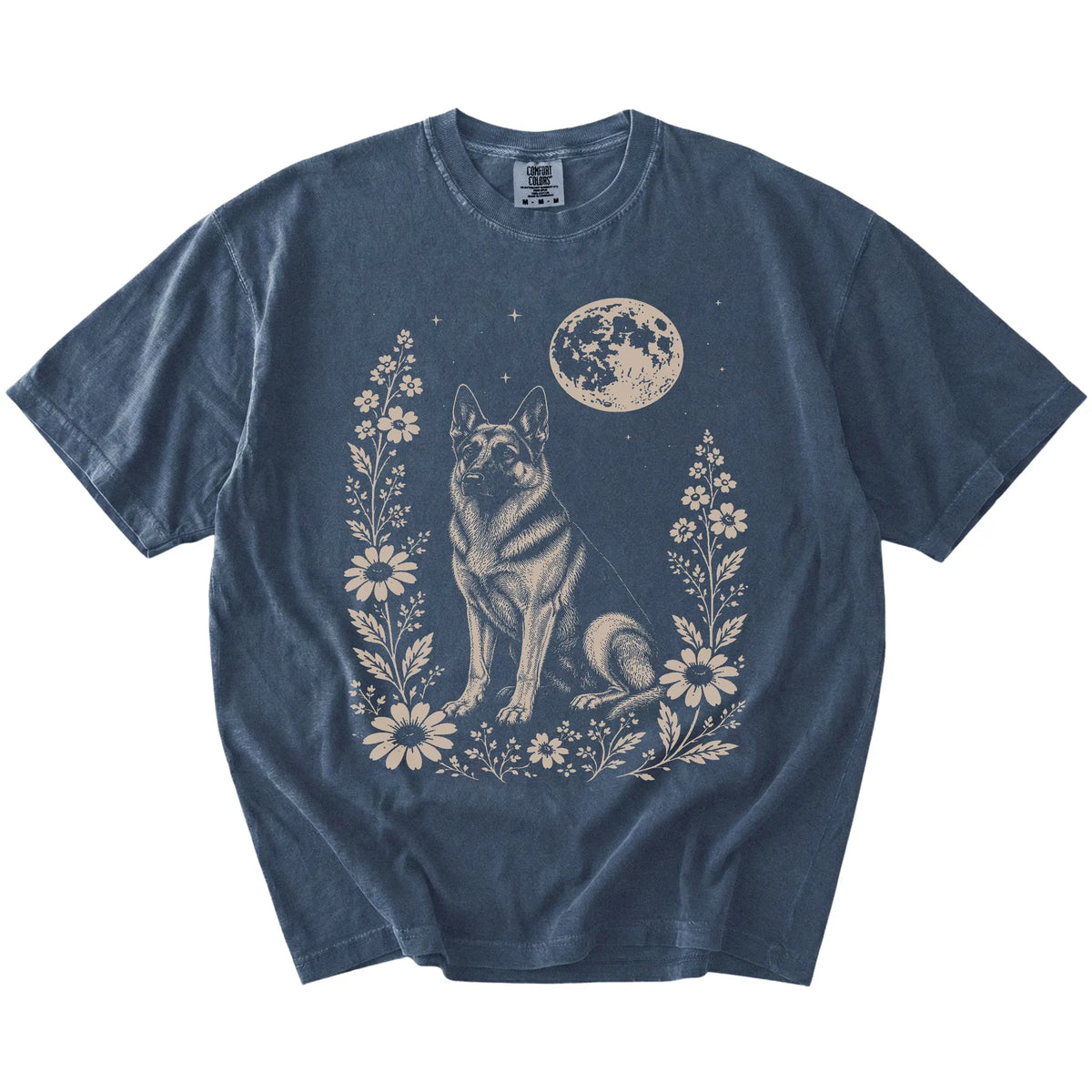 German Shepherd framed by flowers beneath the moon on a Denim Comfort Colors® T-shirt