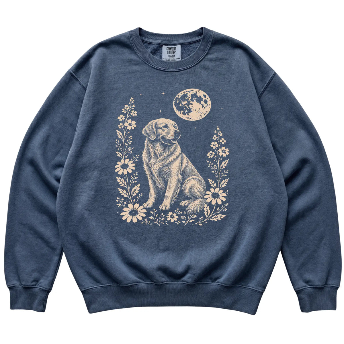 Denim Moon Flowers Golden Retriever Comfort Colors sweatshirt, flat view