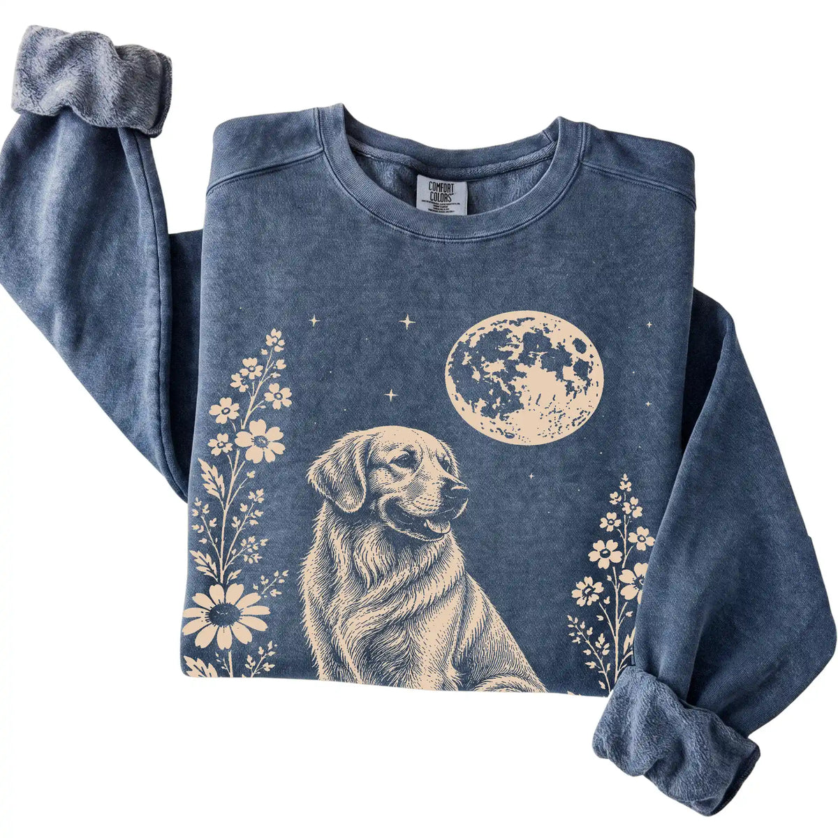 Denim Moon Flowers Golden Retriever Comfort Colors sweatshirt, folded view