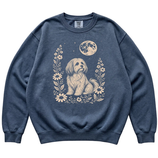 Denim Moon Flowers Havanese Comfort Colors sweatshirt, flat view
