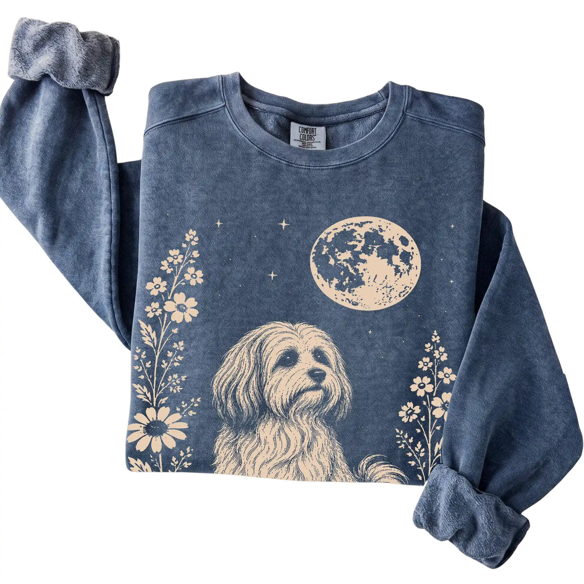 Denim Moon Flowers Havanese Comfort Colors sweatshirt, folded view