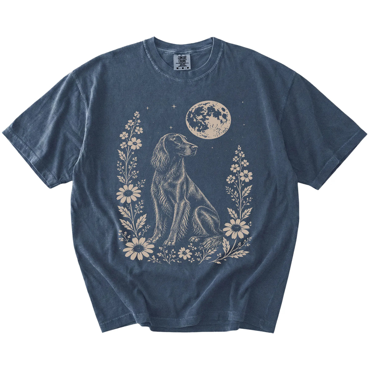 Irish Setter framed by flowers beneath the moon on a Denim Comfort Colors® T-shirt