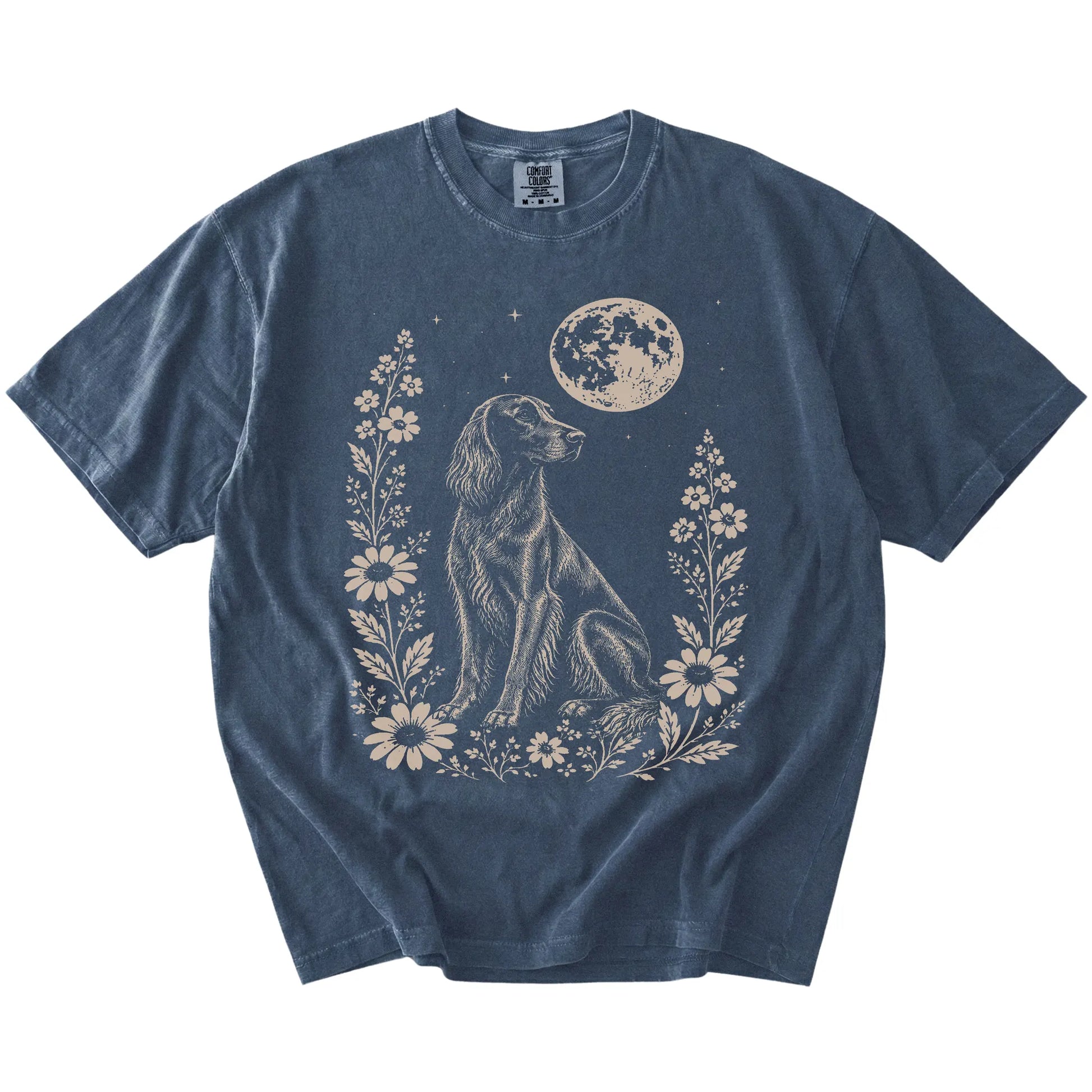 Irish Setter framed by flowers beneath the moon on a Denim Comfort Colors® T-shirt