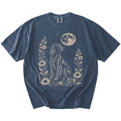 Irish Setter framed by flowers beneath the moon on a Denim Comfort Colors® T-shirt