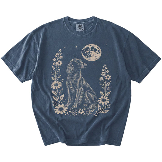 Irish Setter framed by flowers beneath the moon on a Denim Comfort Colors® T-shirt