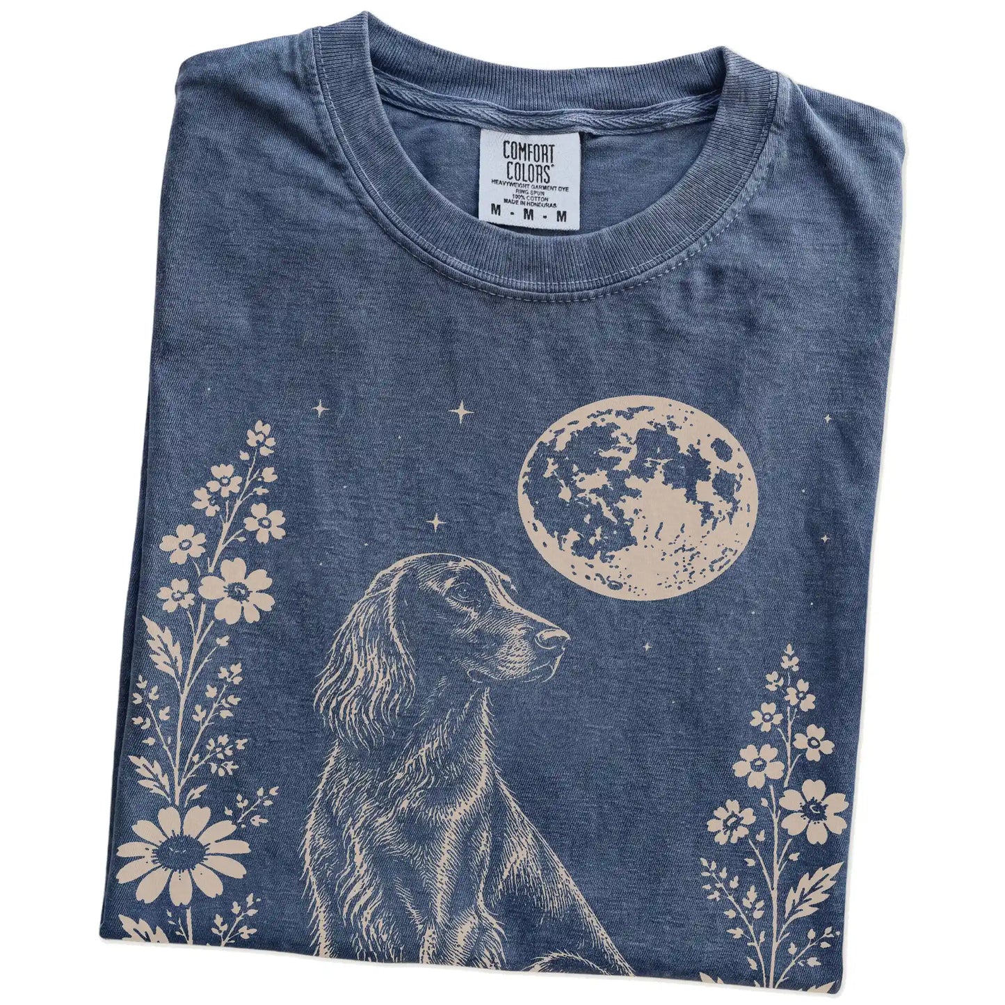 Folded Denim Comfort Colors® T-shirt showing Irish Setter framed by flowers beneath the moon