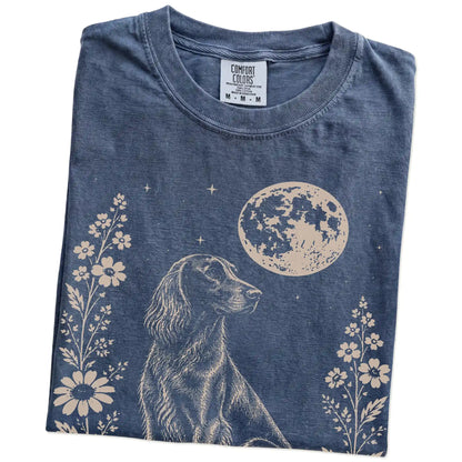 Folded Denim Comfort Colors® T-shirt showing Irish Setter framed by flowers beneath the moon