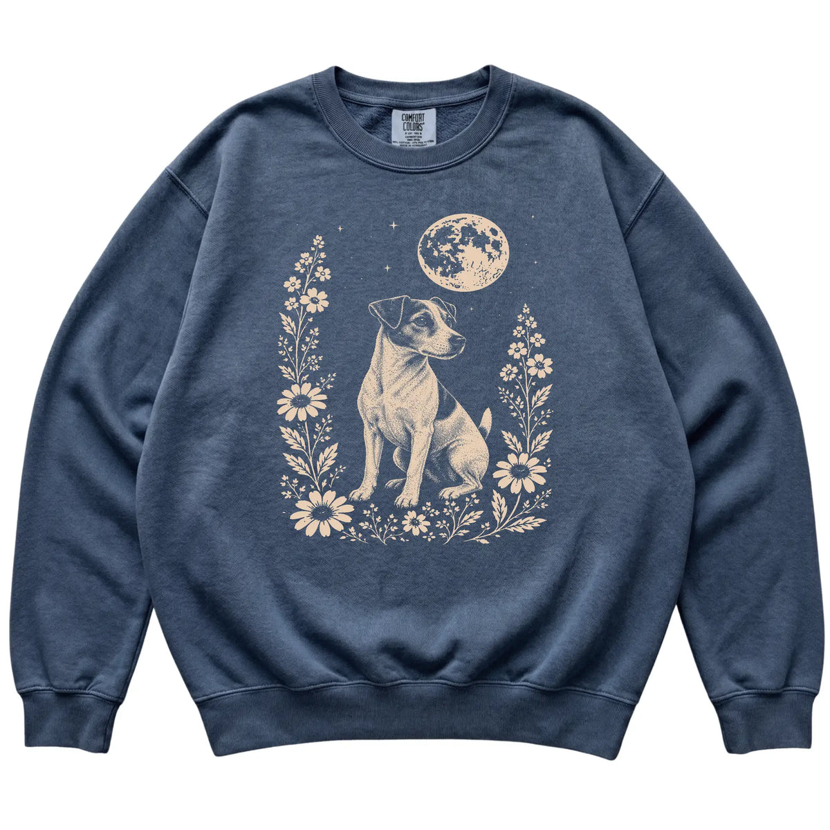 Denim Moon Flowers Jack Russell Comfort Colors sweatshirt, flat view