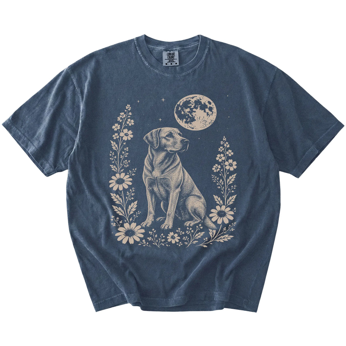 Labrador Retriever framed by flowers beneath the moon on a Denim Comfort Colors® T-shirt