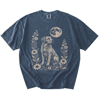 Labrador Retriever framed by flowers beneath the moon on a Denim Comfort Colors® T-shirt