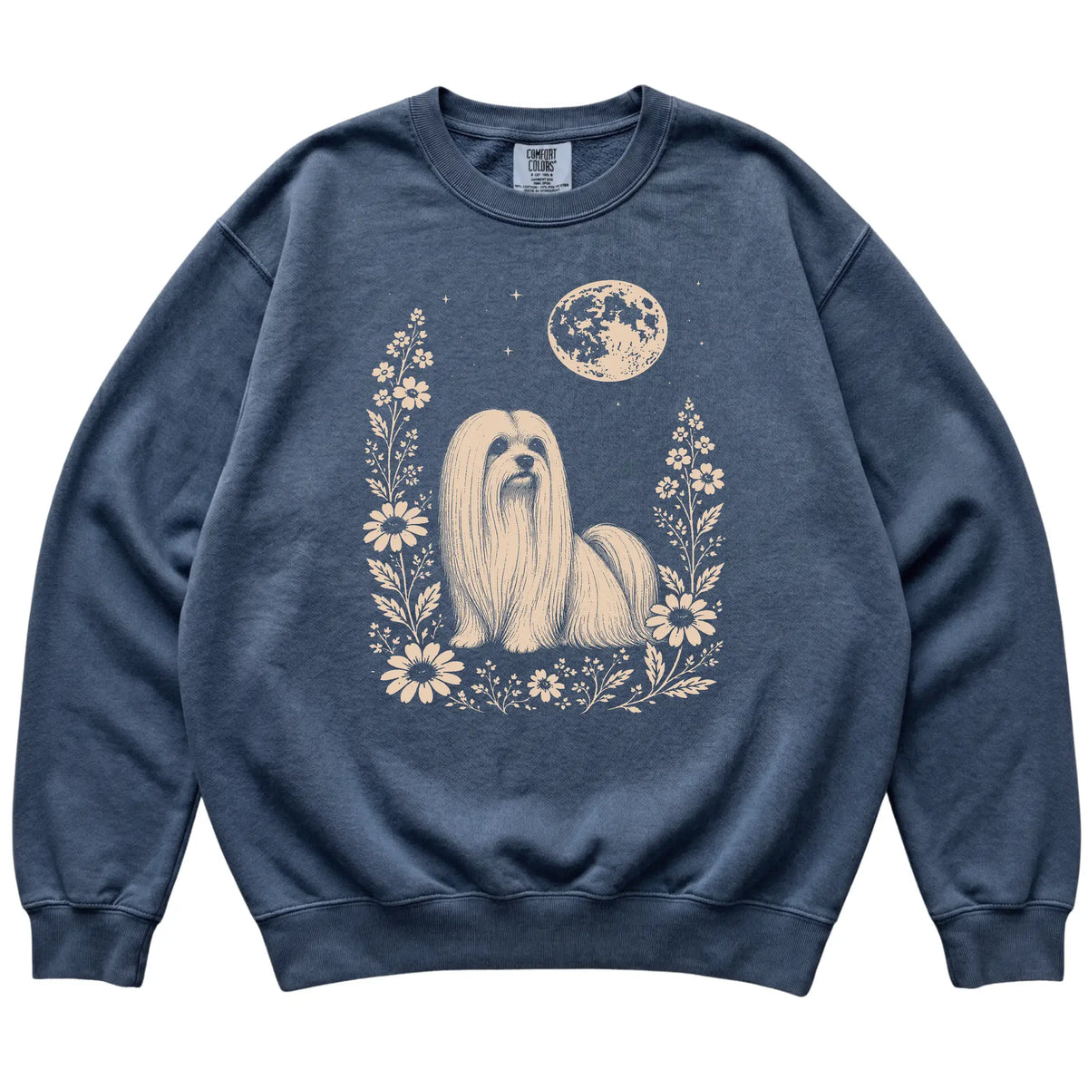 Denim Moon Flowers Maltese Comfort Colors sweatshirt, flat view