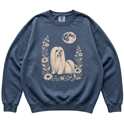 Denim Moon Flowers Maltese Comfort Colors sweatshirt, flat view