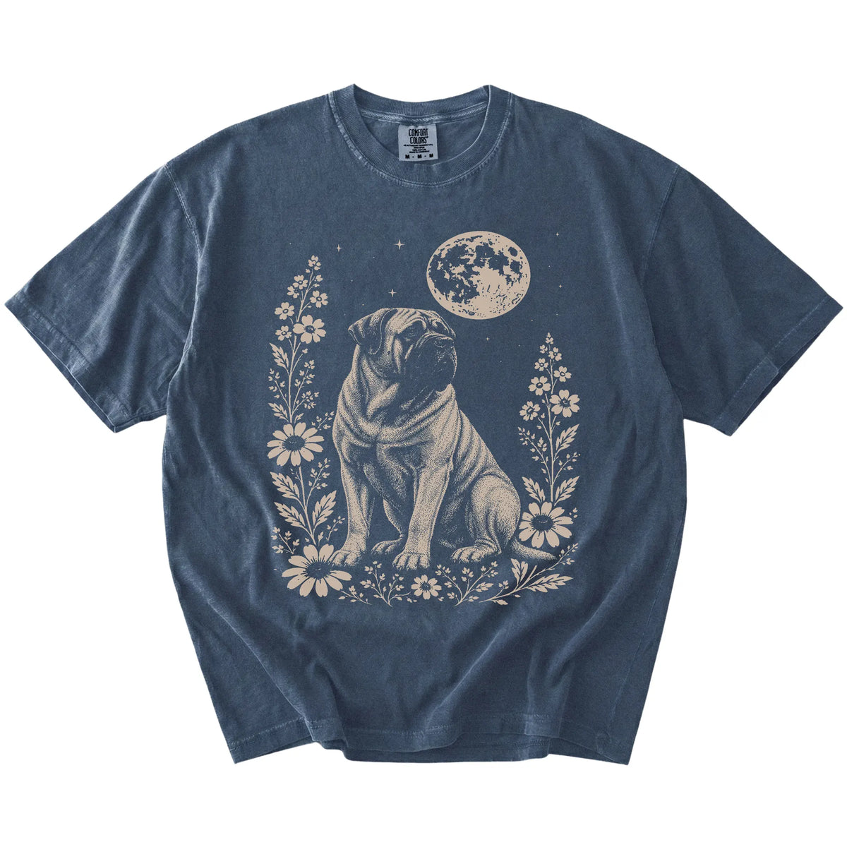 Mastiff framed by flowers beneath the moon on a Denim Comfort Colors® T-shirt