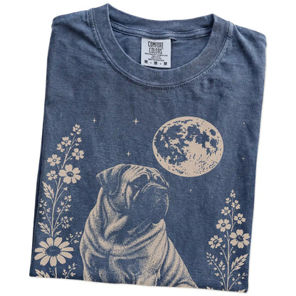 Folded Denim Comfort Colors® T-shirt showing Mastiff framed by flowers beneath the moon