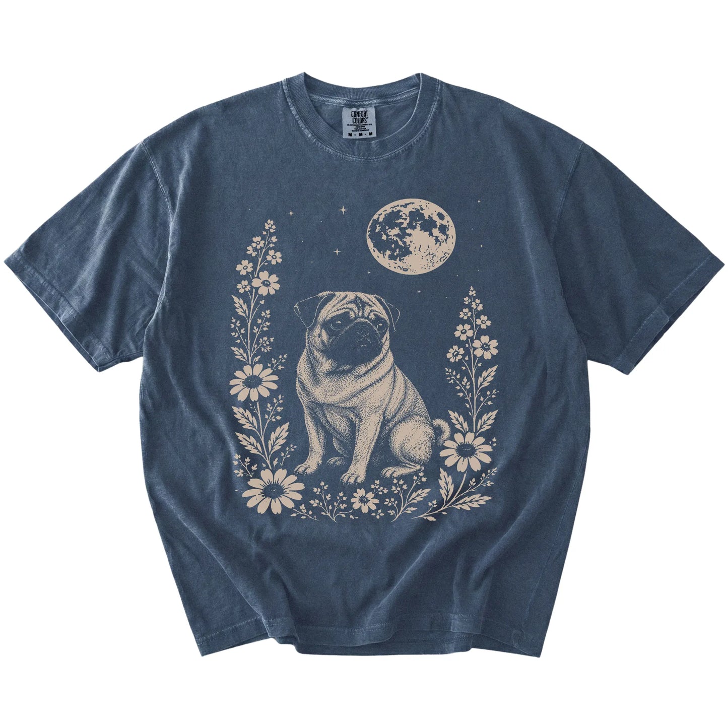 Pug framed by flowers beneath the moon on a Denim Comfort Colors® T-shirt