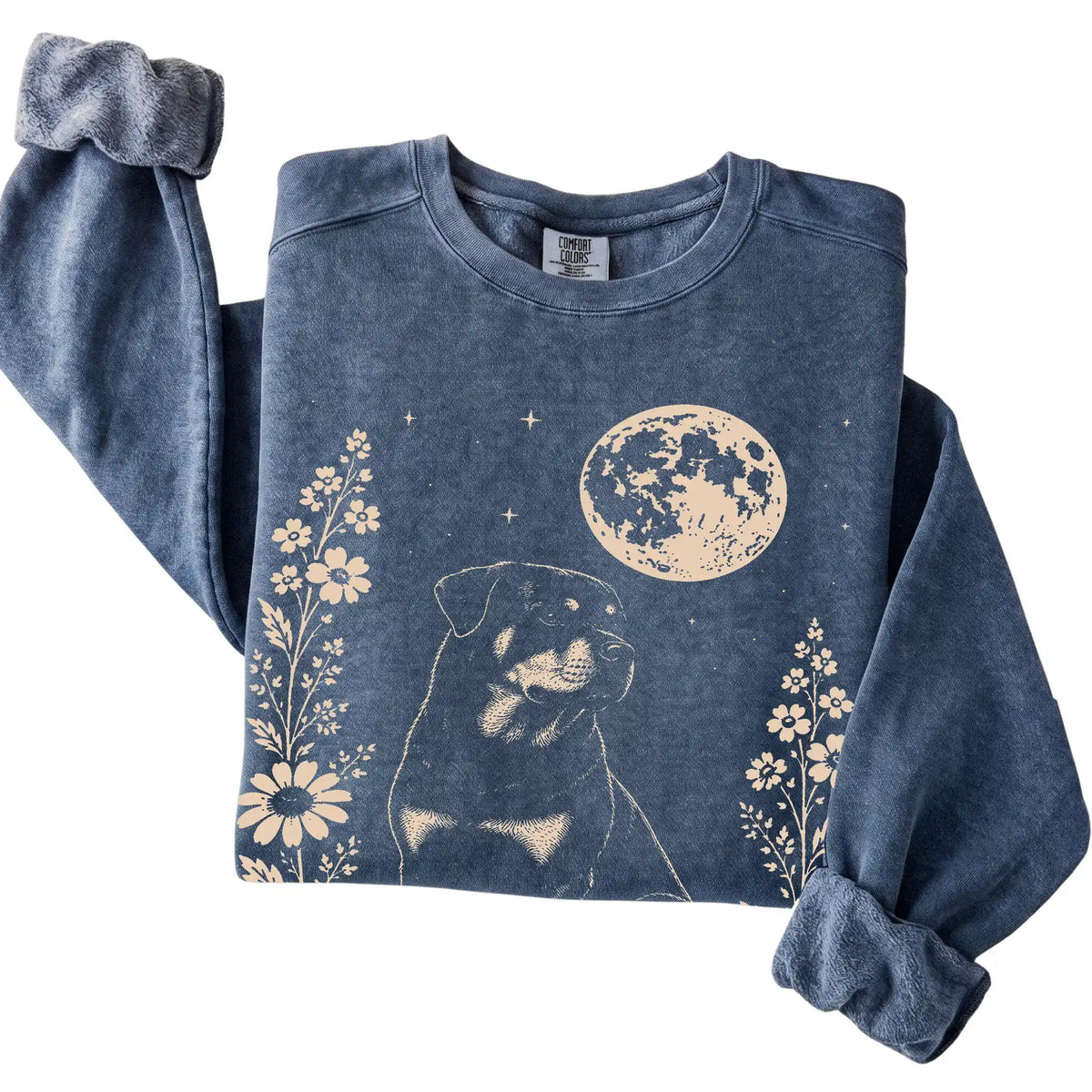 Denim Moon Flowers Rottweiler Comfort Colors sweatshirt, folded view
