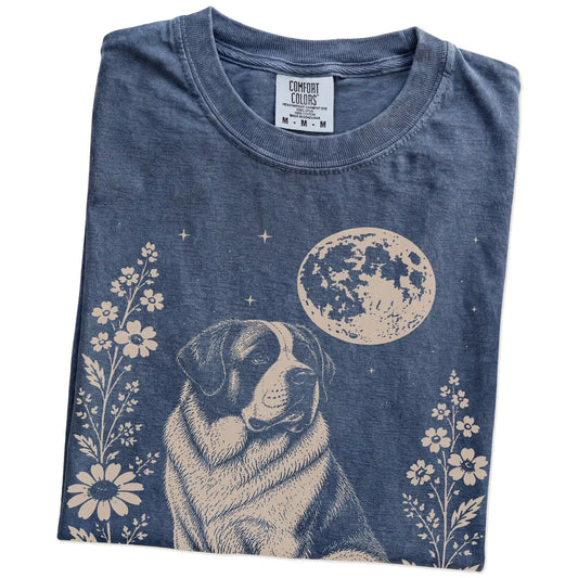 Folded Denim Comfort Colors® T-shirt showing Saint Bernard framed by flowers beneath the moon