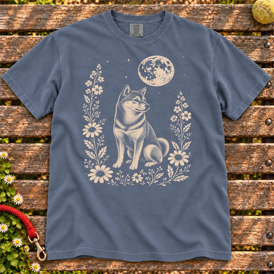 Moon Flowers Shiba Inu design on a Denim Comfort Colors T-shirt, shown flat