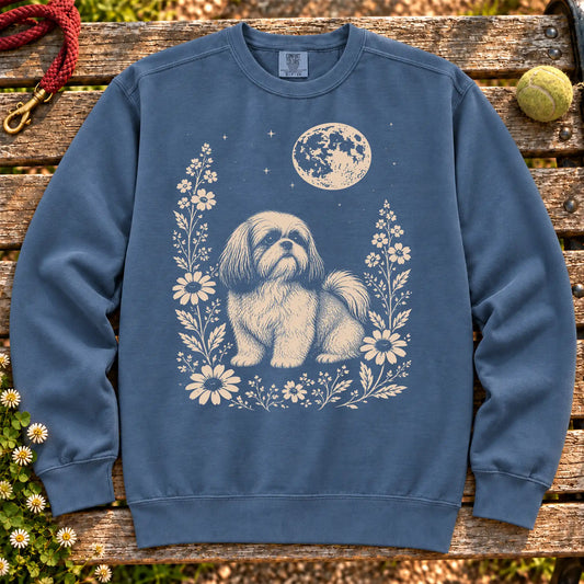 Shih Tzu Moon Flowers on a Denim crewneck sweatshirt, shown flat