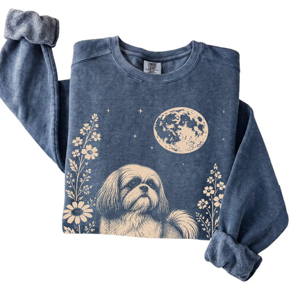 Denim Moon Flowers Shih Tzu Comfort Colors sweatshirt, folded view