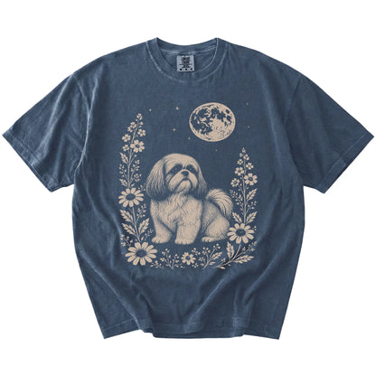 Shih Tzu framed by flowers beneath the moon on a Denim Comfort Colors® T-shirt