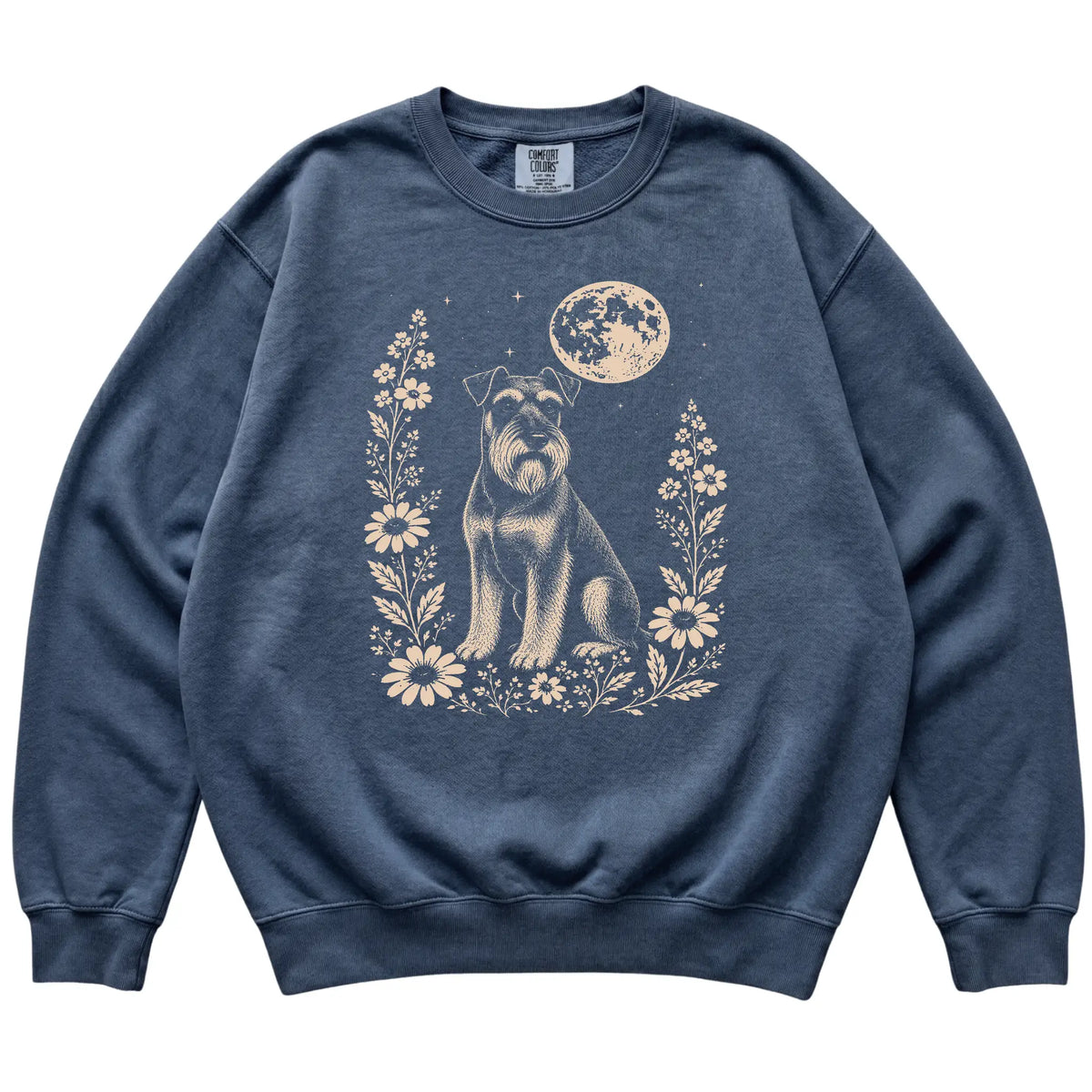 Denim Moon Flowers Standard Schnauzer Comfort Colors sweatshirt, flat view