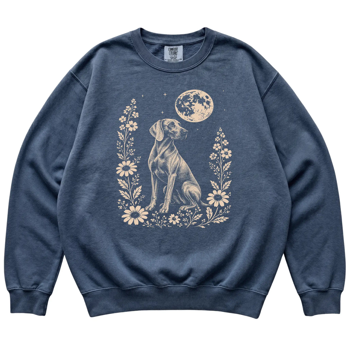 Denim Moon Flowers Weimaraner Comfort Colors sweatshirt, flat view