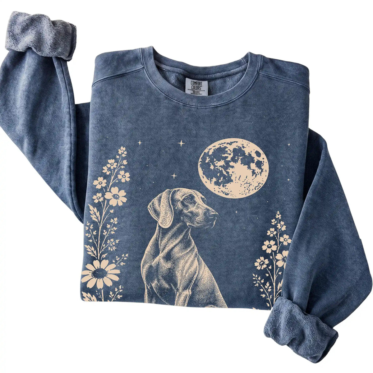 Denim Moon Flowers Weimaraner Comfort Colors sweatshirt, folded view